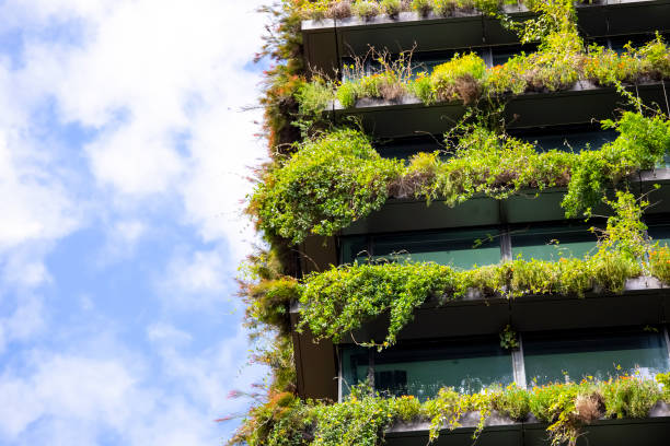 istock Closeup apartment building with vertical garden, background with copy space 1299654164