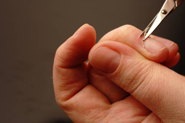 Women's hands on a black background put their nails in order with nail scissors. Hand care. Closeup.