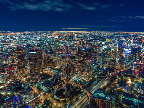 Aerial of downtown Los Angeles at night.
