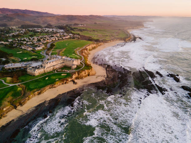 Aerial View of Half Moon Bay at Sunset stock photo
