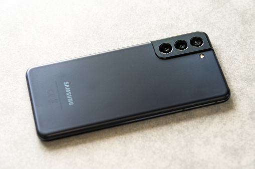 Glasgow, Scotland: Close-up showing the camera array on the rear side of the Samsung S21 smartphone, released in January 2021.