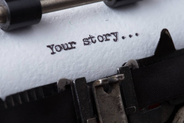 your story? the text is typed on paper with an old typewriter, a vintage inscription, a story of life. - typewriter writing journalist typing imagens e fotografias de stock