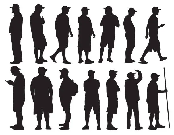 Vector illustration of Men Wearing Baseball Caps Silhouettes