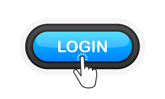 Login blue realistic 3D button isolated on white background. Hand clicked. Vector illustration