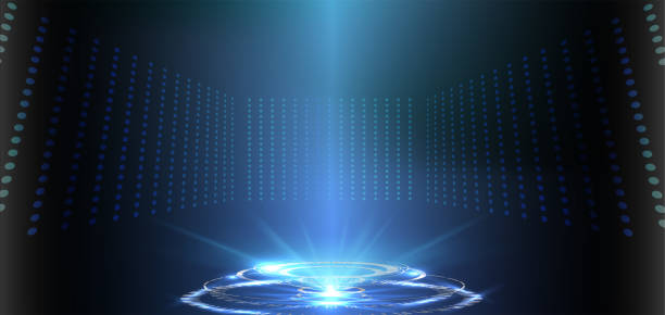 istock Abstract style on blue background. Blank display, stage or podium for show product in futuristic cyberpunk style.Technology demonstration 1299656606