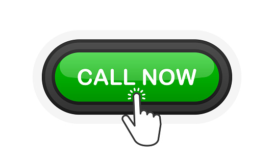 Call Now green realistic 3D button isolated on white background. Hand clicked. Vector illustration