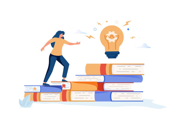 Businesswoman climbs on a stack of books to knowledge. Education and professional career concept. MBA. Modern vector. Businesswoman climbs on a stack of books to knowledge. Education and professional career concept. MBA. Modern vector illustration. continuing education stock illustrations