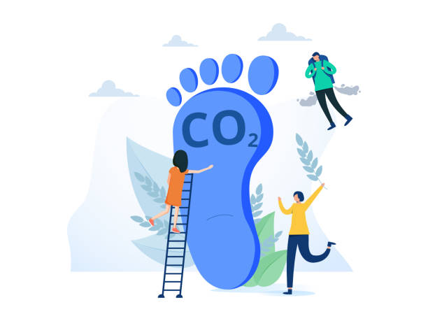 ilustrações, clipart, desenhos animados e ícones de pegada de carbono como quantidade de poluição por emissão de co2 no conceito de pessoa minúscula do ar. gases de efeito estufa de dióxido como mudança climática - footprint carbon environment global warming