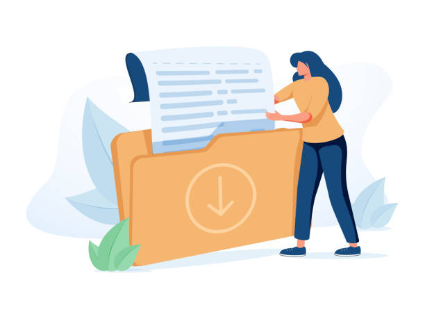 Woman holding folder with document. Concept of file download, data storage, cloud computing service, digital information Woman holding folder with document. Concept of file download, data storage, cloud computing service, digital information organization. Modern flat colorful vector illustration for poster, banner. ring binder illustrations stock illustrations