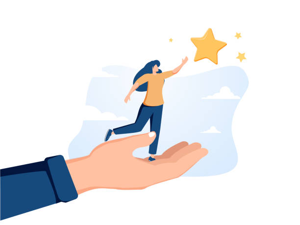 Career development support, assistant or mentor to help reach business goal to achieve target concept, helping hand lift Career development support, assistant or mentor to help reach business goal to achieve target concept, helping hand lift up businessman employee to overcome obstacle reaching the star in the sky. celebrity endorsements stock illustrations
