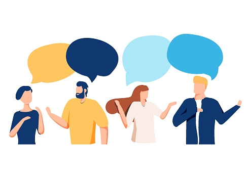 Vector illustration, flat style, people talk. People with thoughts on a white background, vector. Teamwork, international communication. Discussion, characters talking to each other.