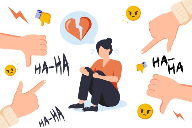 nękanie w mediach społecznościowych. haters wskazując palce frim monitor na ofiarę, śmiejąc się z płaczu dziewczyny. ilustracja wektora płaskiego - hand sign stop gesture talking discussion stock illustrations