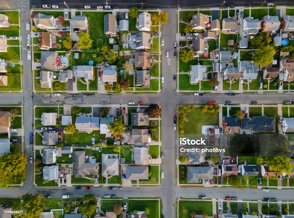 Scenic seasonal landscape from above aerial view of a small town in countryside Cleveland Ohio US Scenic seasonal landscape from above aerial view of a small town in countryside Cleveland Ohio USA Residential District Stock Photo