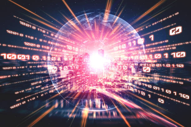 istock Digital data flow on road with motion blur to create vision of fast speed transfer 1299659039