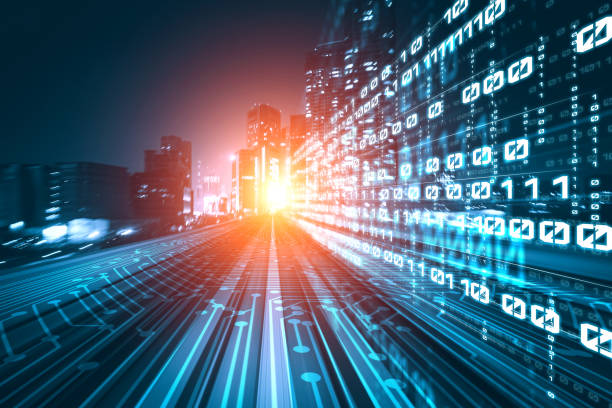 istock Digital data flow on road with motion blur to create vision of fast speed transfer 1299660171