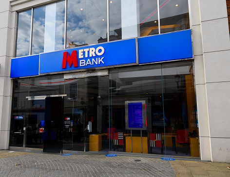 Windsor, United Kingdom - August 31 2020:  The frontage of Metro Bank on Peascod Street