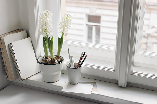 Easter spring still life. Greeting card, books and diary on window sill. White hyacinth in flower pot. Blank greeting card mockup. Pencils in ceramic holder, home office concept. Scandinavian interior