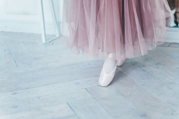 istock Ballerina hands puts pointe shoes on leg in dance class 1299666906