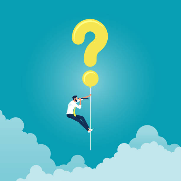 Finding solution and problem solving vector concept Businessman hanging question mark balloon and holding telescope search for answer, finding solution and problem solving curious stock illustrations