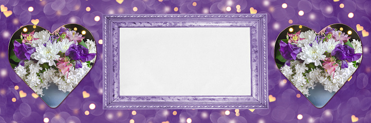 Two flower hearts and a blank text frame on a wide-screen purple background with bokeh. The concept of Valentine's day, banner