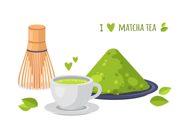 matcha tee-grußkarte. japanische gesundes getränk. sammlung von matcha-tee-produkten. matcha pulver, tasse, teeblätter, gejagt. cartoon-vektor-illustration. flaches design. - green tea illustrations stock-grafiken, -clipart, -cartoons und -symbole