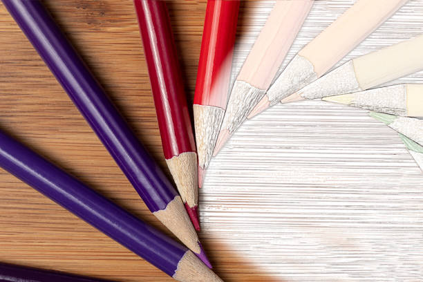 A Macro Shot of Sharpened Colored Pencils in a mixed media photo and sketch shot in a vortex spiral offset pattern on a bamboo table.  Colors follow the color and shade pattern of a standard color wheel.  There is Plenty of room for Copy work in the lower right.
