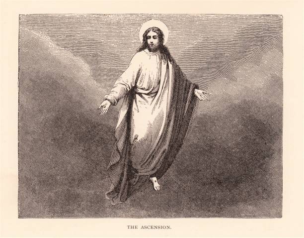 Ascension of Jesus Christ Jesus Christ ascending in a cloud to heaven. Illustration published in The Life of Christ by Louise Seymour Houghton (American Tract Society: New York) in 1890. Copyright expired; artwork is in Public Domain. Digitally restored. church black and white people praying stock illustrations