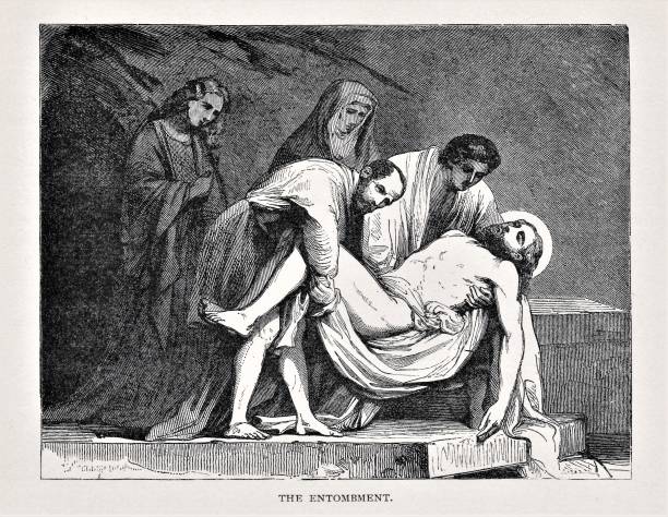 Jesus Placed in Tomb Joseph laid Jesus Christ in a new tomb outside of Jerusalem in Israel, 30-33 AD. Illustration published in The Life of Christ by Louise Seymour Houghton (American Tract Society: New York) in 1890. Copyright expired; artwork is in Public Domain. Digitally restored. tomb of the virgin mary in jerusalem stock illustrations