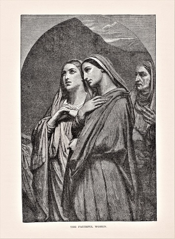 Three Middle Eastern women. Text and cutline doesn't say who the women are, just they are faithful to Jesus. They may be the three Marys at the cross: Mary (mother of Jesus), Mary Magdalene, Mary of Cleofas. Illustration published in The Life of Christ by Louise Seymour Houghton (American Tract Society: New York) in 1890. Copyright expired; artwork is in Public Domain. Digitally restored.