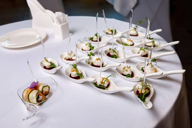 appetizer on event catering Appetizer on event catering, white round table gravad stock pictures, royalty-free photos & images