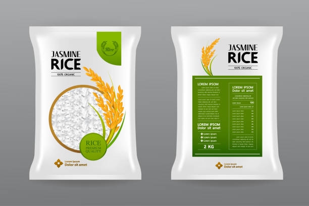 ilustraciones, imágenes clip art, dibujos animados e iconos de stock de paquete de producto de arroz premium ilustración vectorial mockup - healthy eating backgrounds freshness luxury