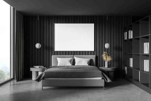 istock Dark wooden master bedroom with poster 1299674777