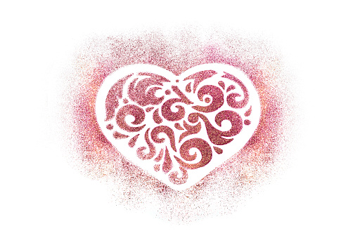 Red sparkles heart on white background. Valentines day greeting card design concept. Heart symbol made from sparkles.