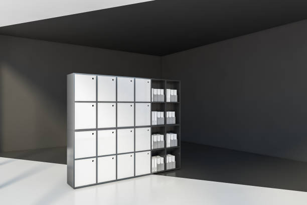 istock Black and white office lockers in black and white empty office room 1299674920