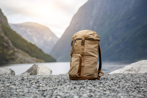 Tourists backpack. Norvegian Fjords on the background