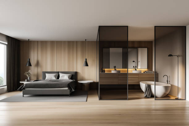 istock White and wooden master bedroom and bathroom interior 1299676428