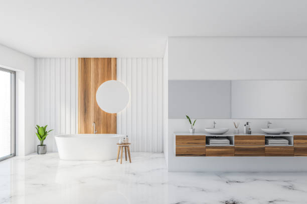 istock Stylish white and wooden bathroom interior 1299676566