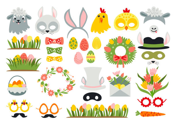 Cute Easter photo booth props as set of party graphic elements Cute Easter photo booth props as set of party graphic elements of easter bunny costume as mask, ears, eggs, carrot etc. Vector illustration. Vector illustration flower hairband stock illustrations