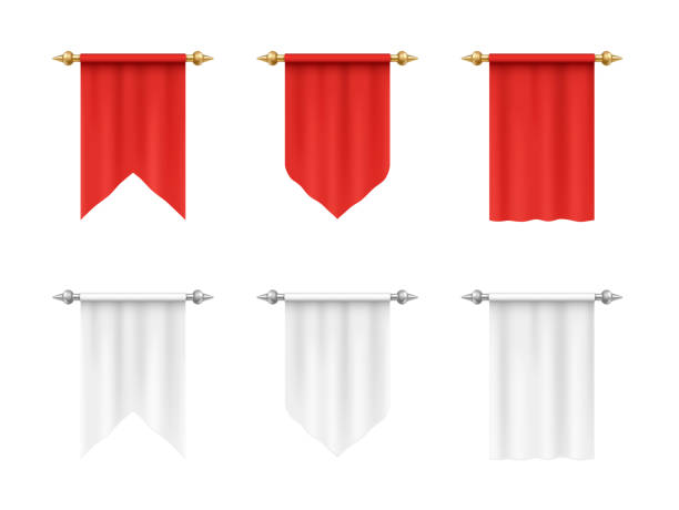 istock Blank white and red mock up pennants flags of various shapes. Hanging banners realistic set 1299679733
