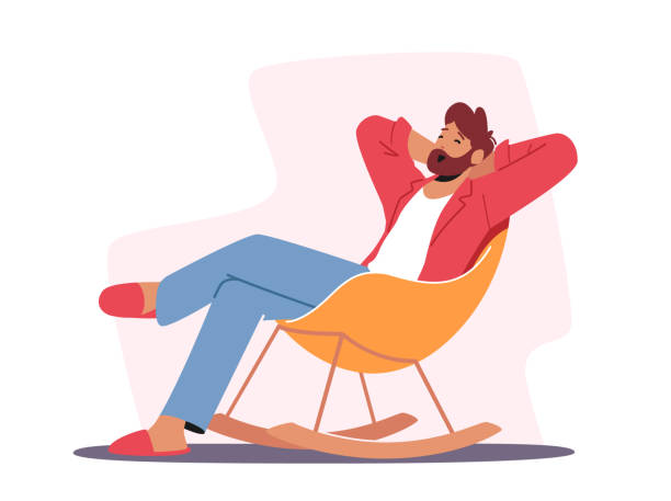 ilustraciones, imágenes clip art, dibujos animados e iconos de stock de carácter masculino relajado en ropa de hogar y zapatillas sentado en cómodo bostezo de silla, ocio de hombre en casa después del trabajo - relajación