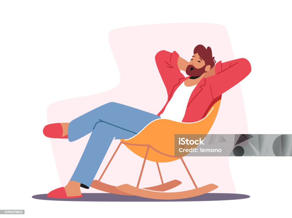 Relaxed Male Character in Home Clothes and Slippers Sitting in Comfortable Chair Yawning, Man Leisure at Home after Work Relaxed Male Character in Home Clothes and Slippers Sitting in Comfortable Chair Yawning, Man Leisure at Home after Work or Weekend. Furniture Design, Relaxing Sparetime. Cartoon Vector Illustration Relaxation stock vector