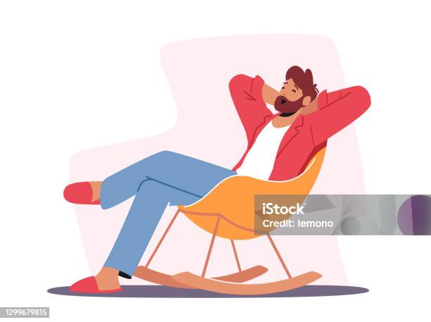 Relaxed Male Character In Home Clothes And Slippers Sitting In Comfortable Chair Yawning Man Leisure At Home After Work Stock Illustration - Download Image Now