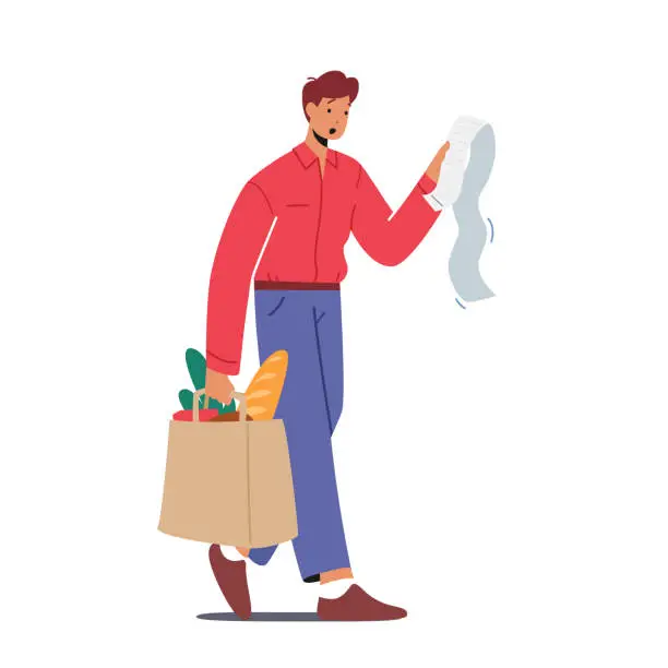 Vector illustration of Upset Male Character Shocked with Price of Products in Store Concept. Unhappy Dissatisfied Customer with Food in Bag