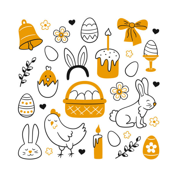 Cute Easter doodle set - bunny, basket, easter eggs, cakes, chicken, willow twigs and candles Cute Easter doodle set - bunny, basket, easter eggs, cakes, chicken, willow twigs and candles. Vector drawings illustration isolated on white background easter easter egg eggs basket stock illustrations