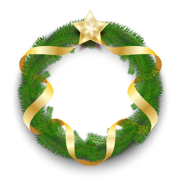 Vector illustration of Green Christmas wreath of fir branches intertwined with a golden satin ribbon with a single golden star isolated on a white background. Realistic 3D decor.