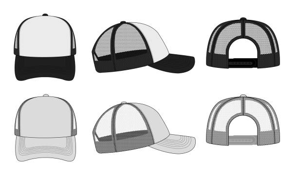 illustrazioni stock, clip art, cartoni animati e icone di tendenza di illustrazione modello tappo camionista / cappuccio in rete (bianco e nero) - cap hat baseball cap baseball