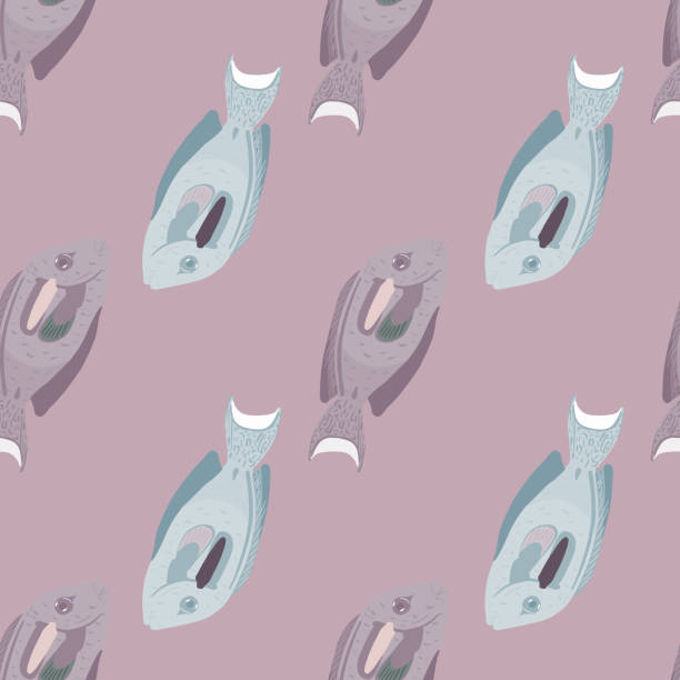 illustrazioni stock, clip art, cartoni animati e icone di tendenza di motivo senza cuciture disegnato a mano con ornamento subacqueo per pesci chirurgo marino. sfondo rosa pallido. - doodle fish sea sketch