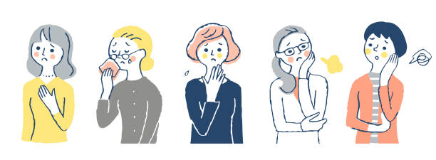 A set of 5 women in trouble Trouble, worry, negative, crying, sad, person, upper body sighing stock illustrations