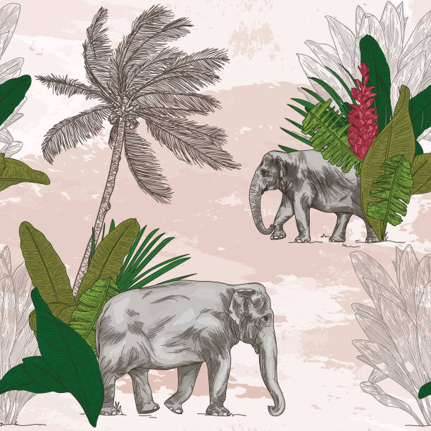 ilustrações, clipart, desenhos animados e ícones de padrão sem emenda de elefante tropical colonial britânico - colonial style