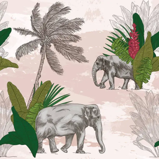 Vector illustration of British Colonial Tropical Elephant Seamless Pattern